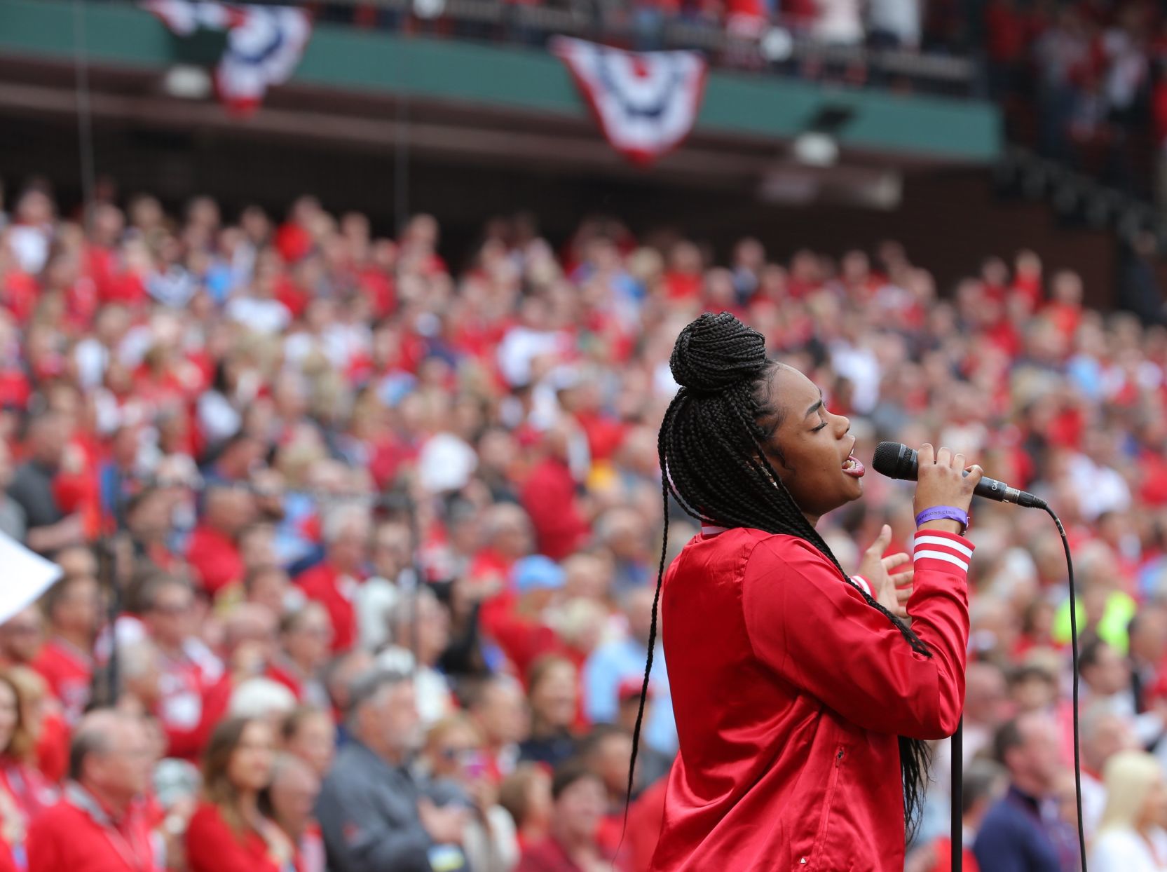 Kennedy Holmes sings at Cardinals opening day